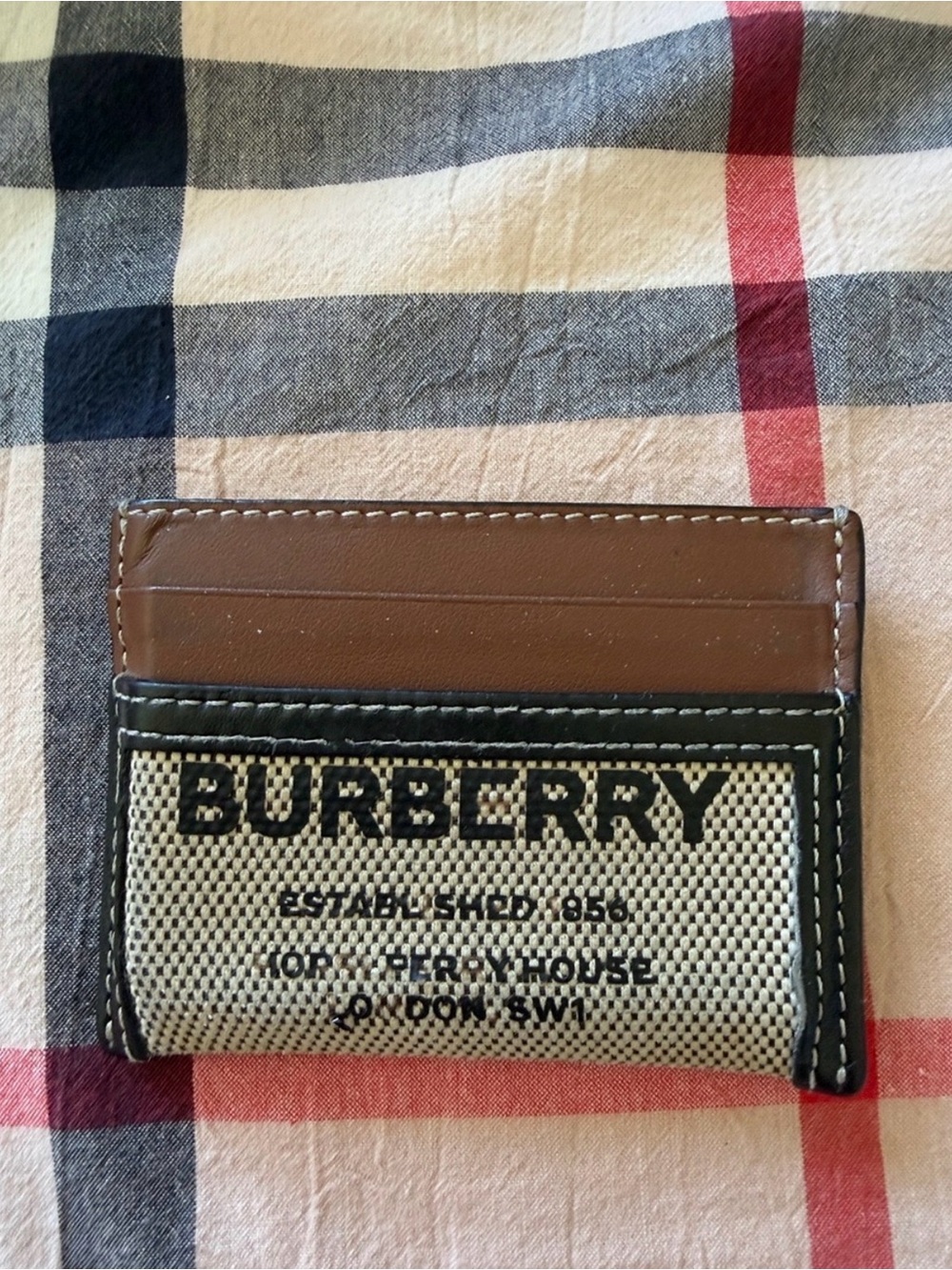 Burberry Brown Leather & Beige Canvas Card Holder with Black Trim
